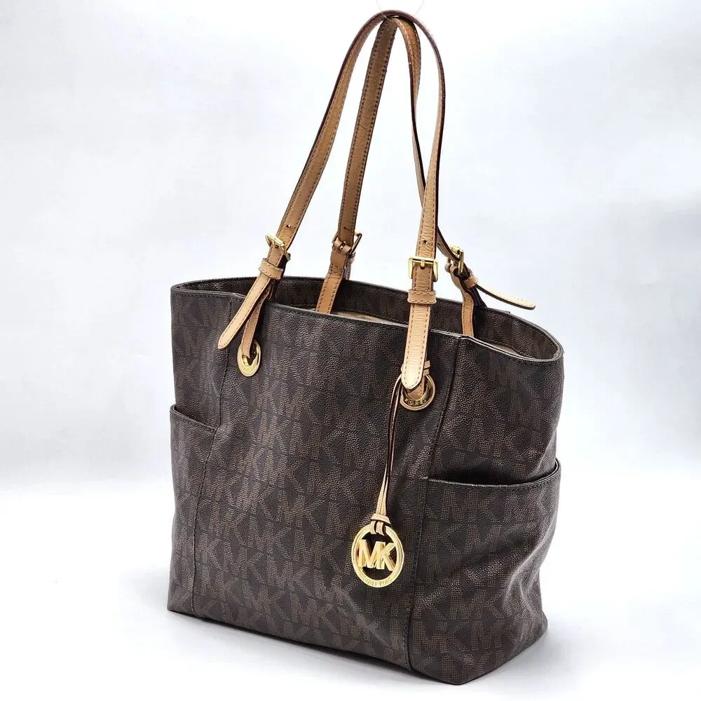 Michael Kors Coated Canvas Monogram MK Leather Trim Large Tote Bag Brown
